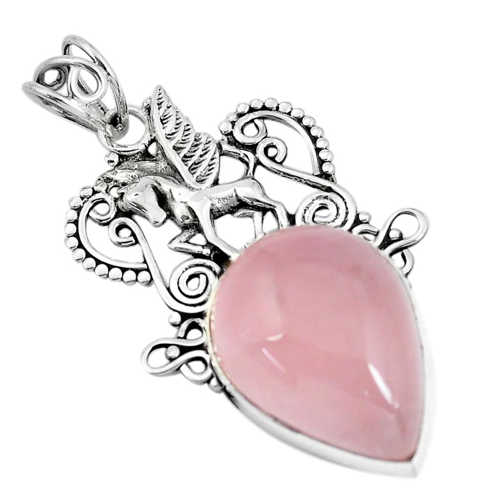 925 sterling silver 17.81cts natural pink rose quartz unicorn pendant p59770