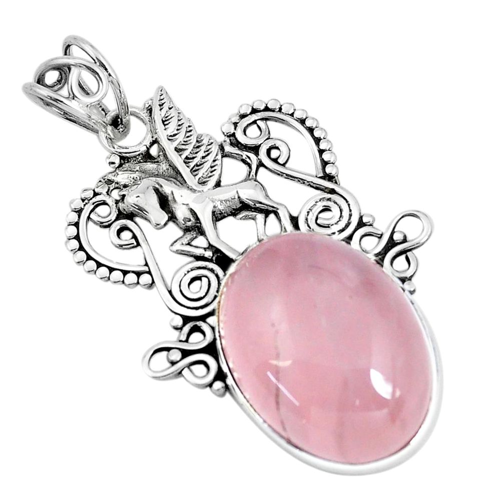 925 sterling silver 14.61cts natural pink rose quartz unicorn pendant p59772