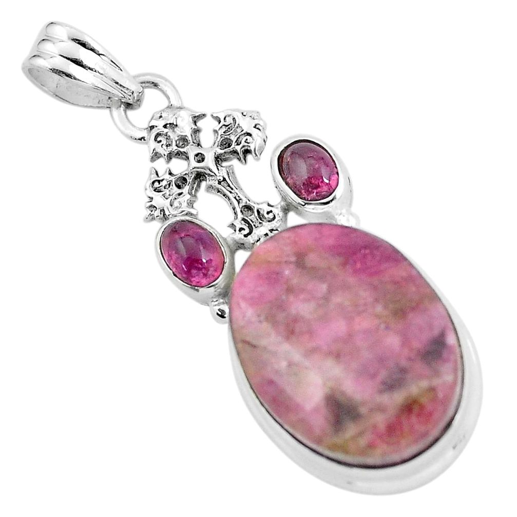 925 sterling silver 25.00cts natural pink tourmaline holy cross pendant p59058