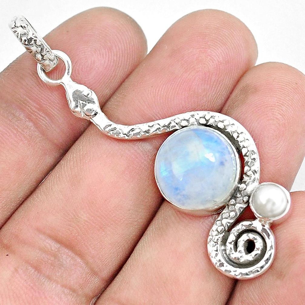 925 sterling silver 7.51cts natural rainbow moonstone pearl snake pendant p49217