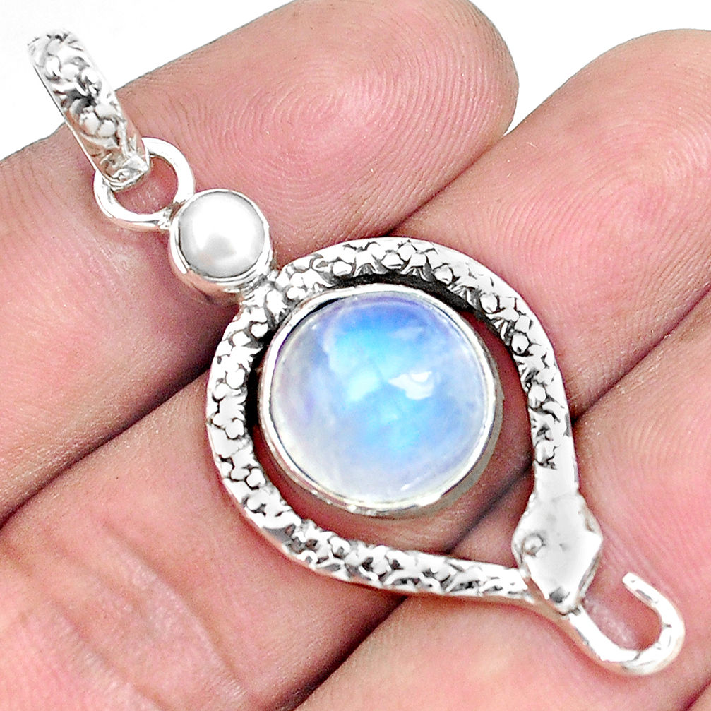 925 sterling silver 7.66cts natural rainbow moonstone pearl snake pendant p49253