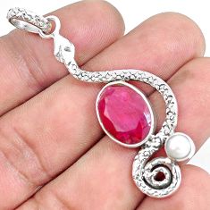 925 sterling silver 7.66cts natural red ruby pearl snake pendant jewelry p49204