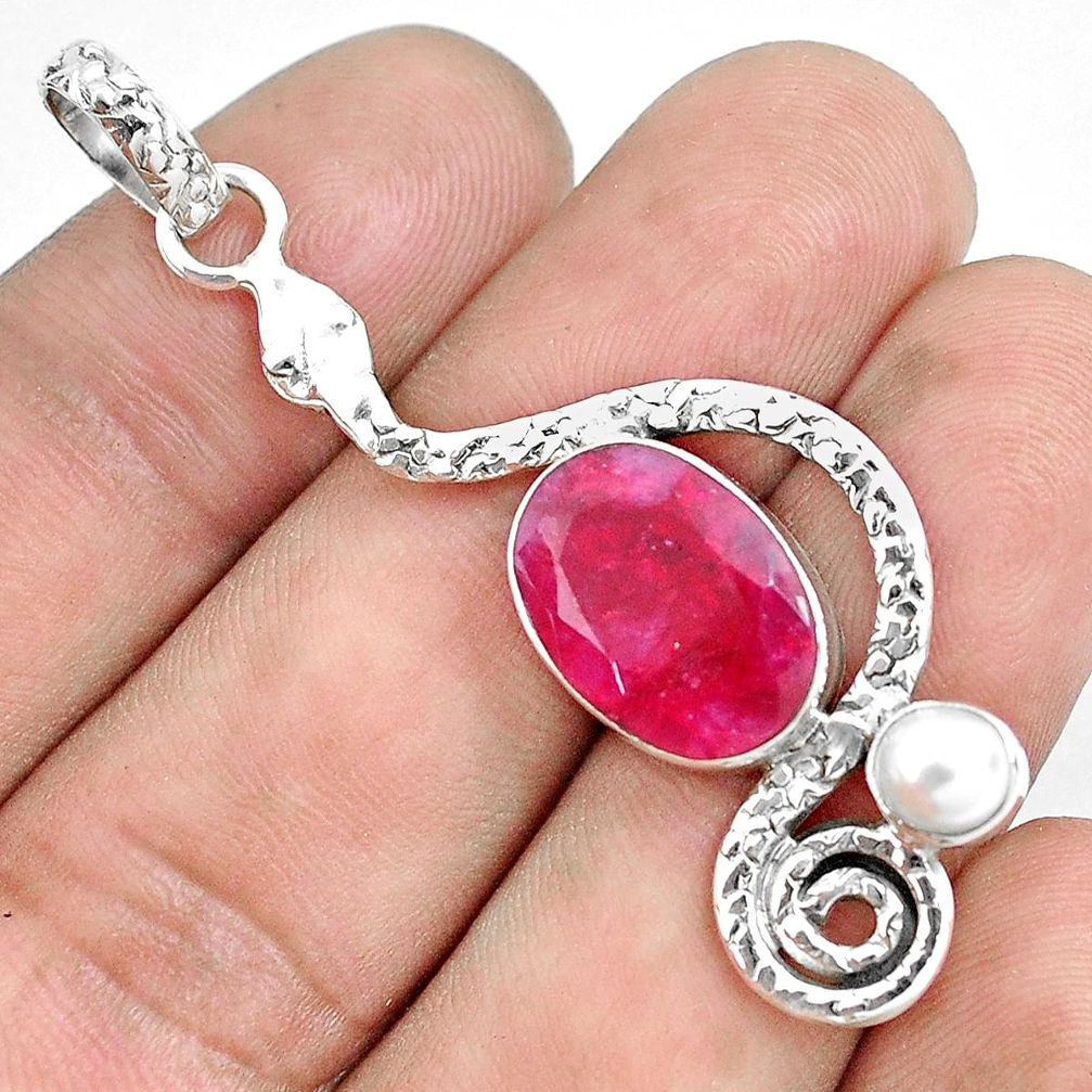 925 sterling silver 7.66cts natural red ruby pearl snake pendant jewelry p49208