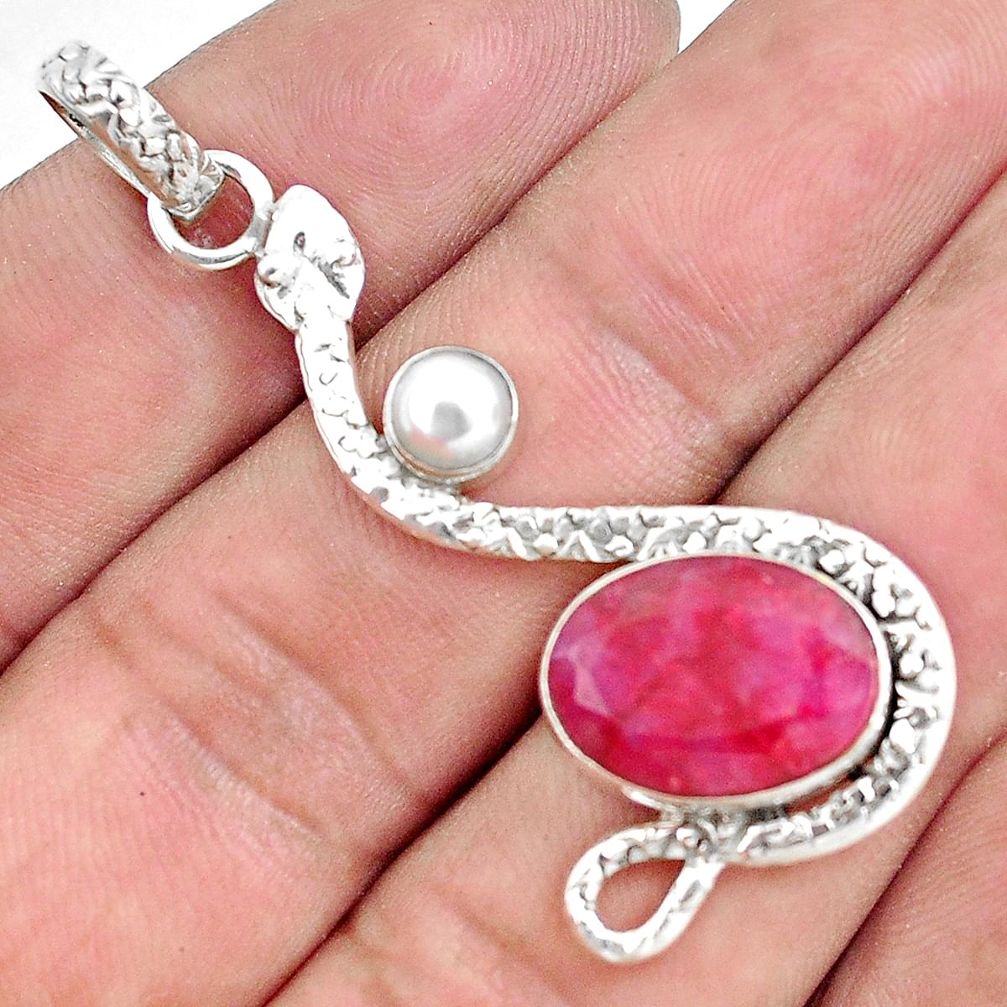 925 sterling silver 7.07cts natural red ruby pearl snake pendant jewelry p49284