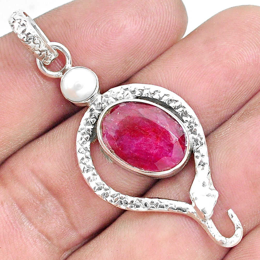 925 sterling silver 7.66cts natural red ruby white pearl snake pendant p49244