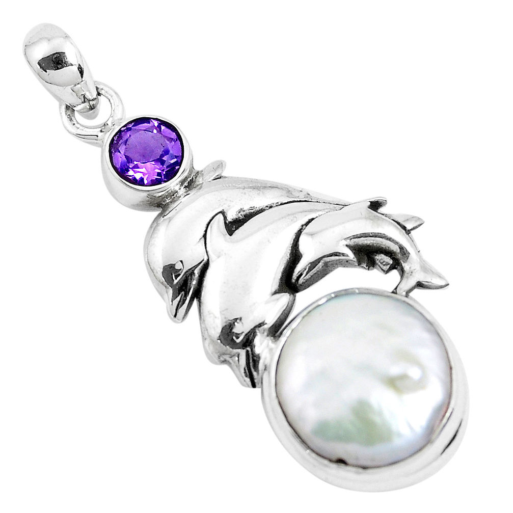 925 sterling silver 9.95cts natural white pearl amethyst dolphin pendant p42084