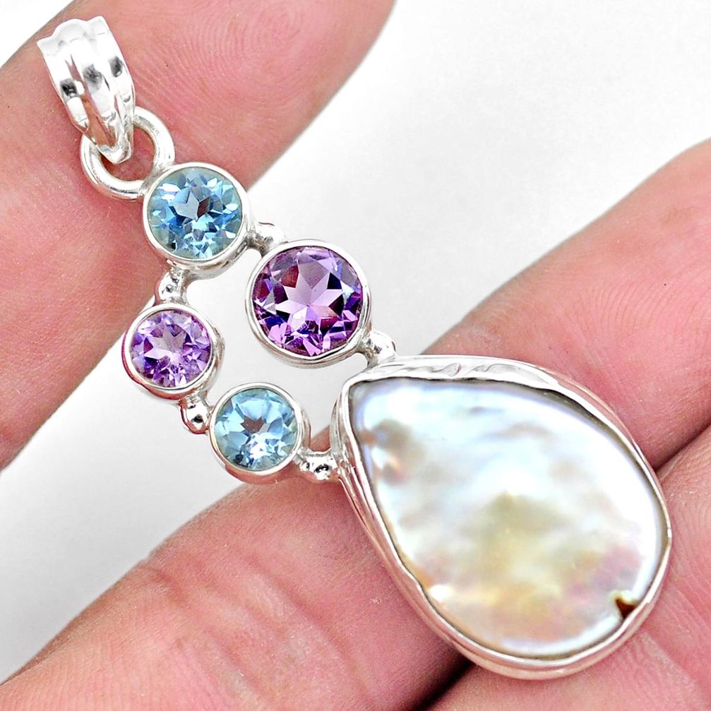 925 sterling silver 21.18cts natural white pearl amethyst topaz pendant p59218