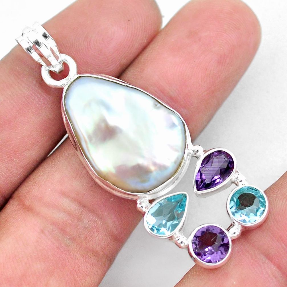 925 sterling silver 23.15cts natural white pearl amethyst topaz pendant p59220