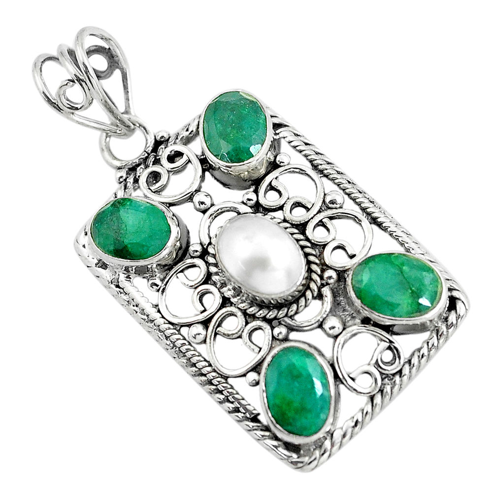 925 sterling silver 7.22cts natural white pearl green emerald pendant d31947