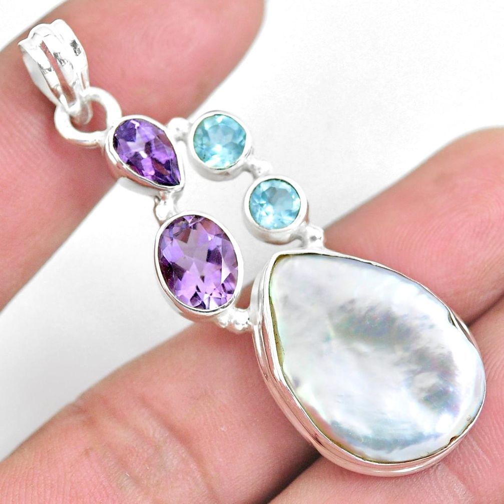 925 sterling silver 23.48cts natural white pearl topaz amethyst pendant p59244
