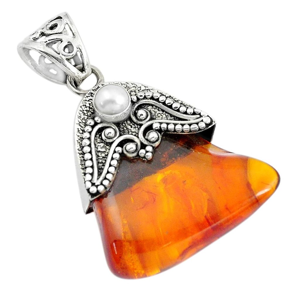 925 sterling silver 14.72cts orange amber white pearl pendant jewelry d31828