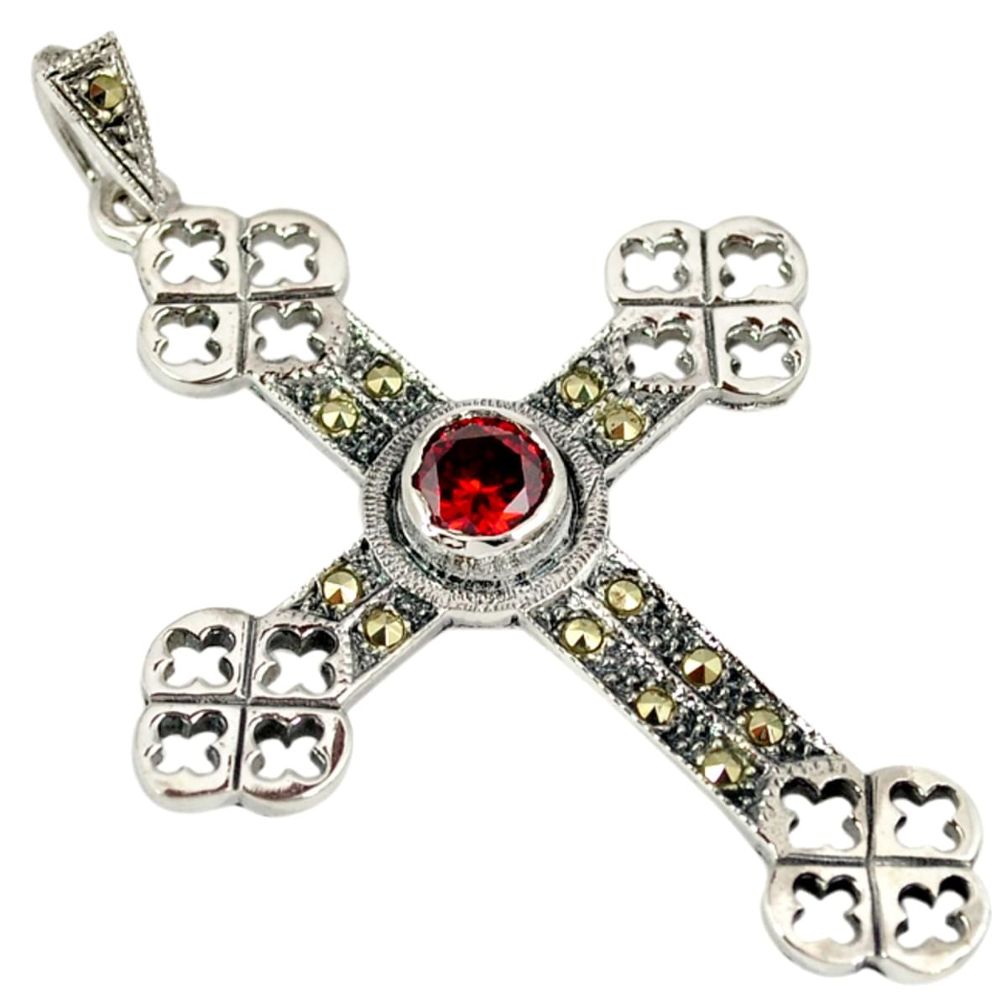 Holy cross red garnet quartz marcasite 925 sterling silver pendant a18824