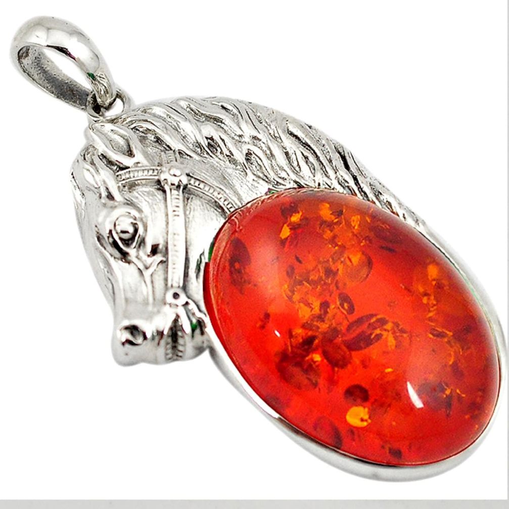 Authentic orange amber 925 sterling silver horse face pendant jewelry a20182