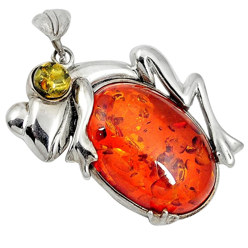 Orange green amber from colombia 925 sterling silver frog pendant jewelry a22262