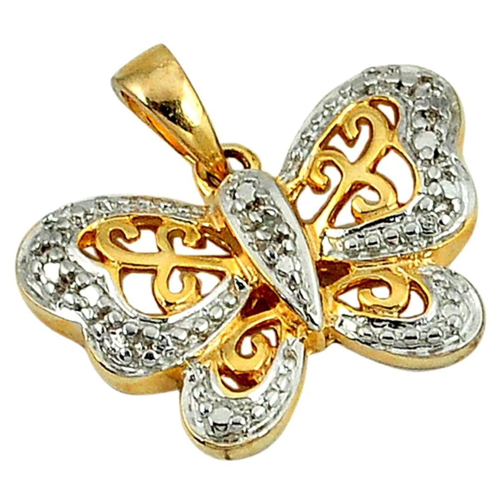 0.15cts natural white diamond 925 silver 14k gold butterfly pendant a26627