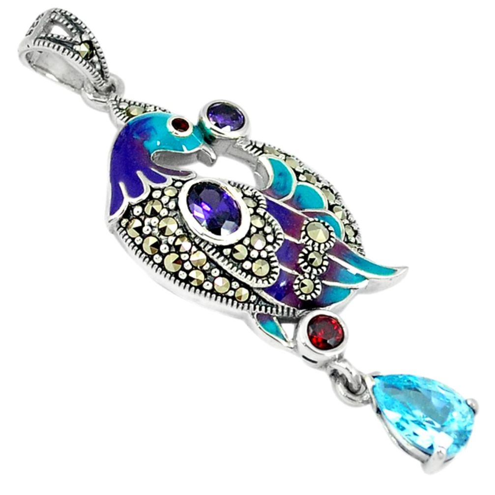 Natural purple amethyst red garnet enamel 925 silver peacock pendant a29133