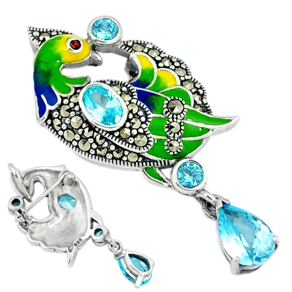925 silver natural blue topaz marcasite enamel peacock pendant jewelry a29136