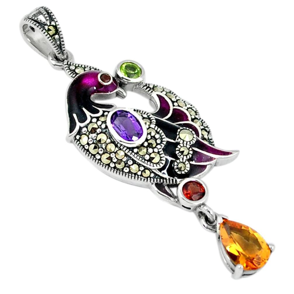 Natural purple amethyst yellow citrine enamel 925 silver peacock pendant a29140