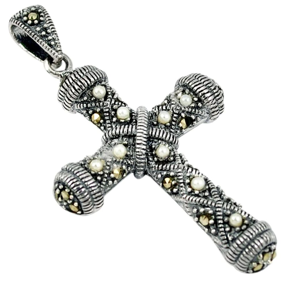 Natural white pearl marcasite 925 silver holy cross pendant jewelry a29898