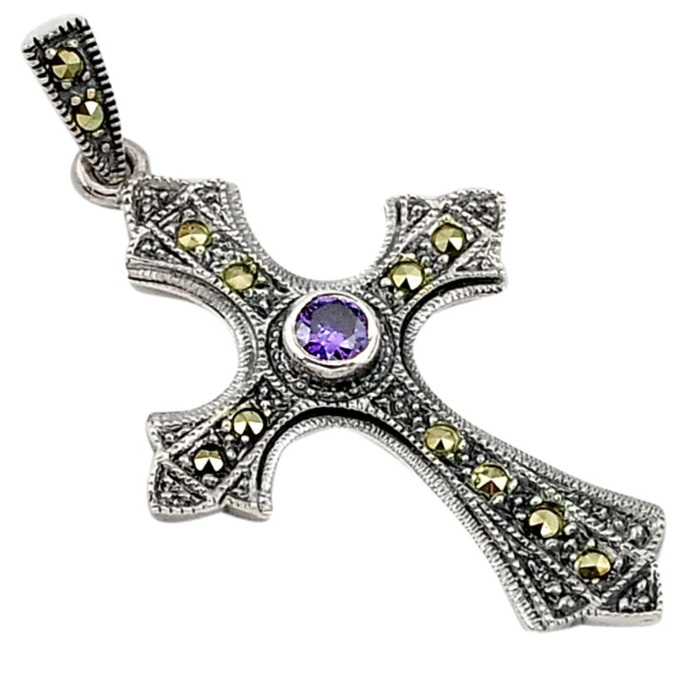 925 silver natural purple amethyst marcasite holy cross pendant jewelry a30085