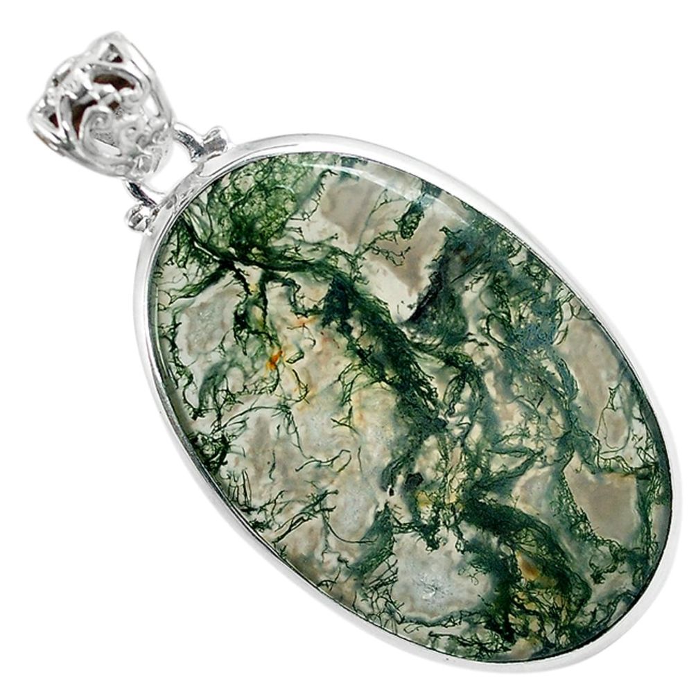 Natural green moss agate oval 925 sterling silver pendant jewelry a30746