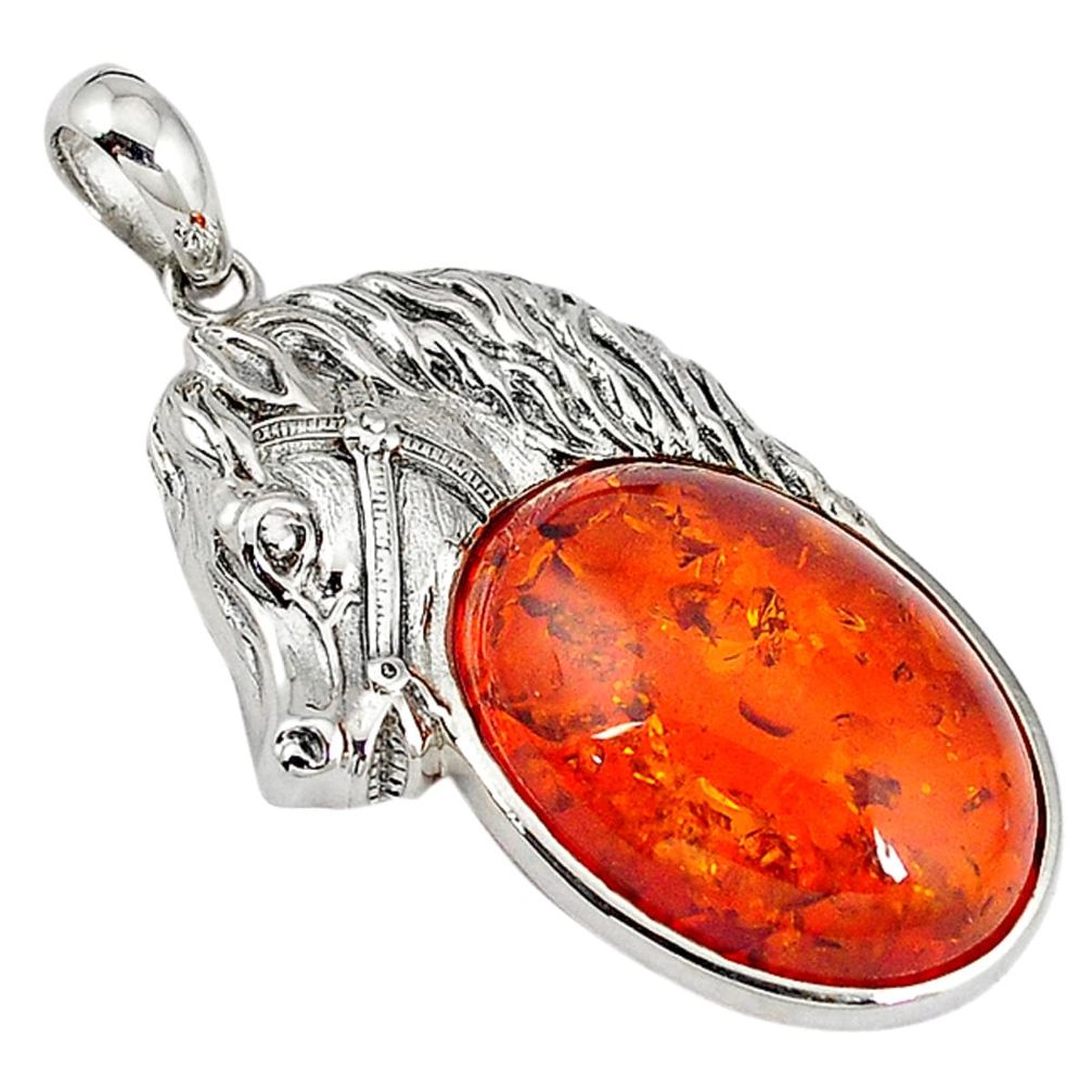 Orange amber oval shape 925 sterling silver horse pendant jewelry a33839