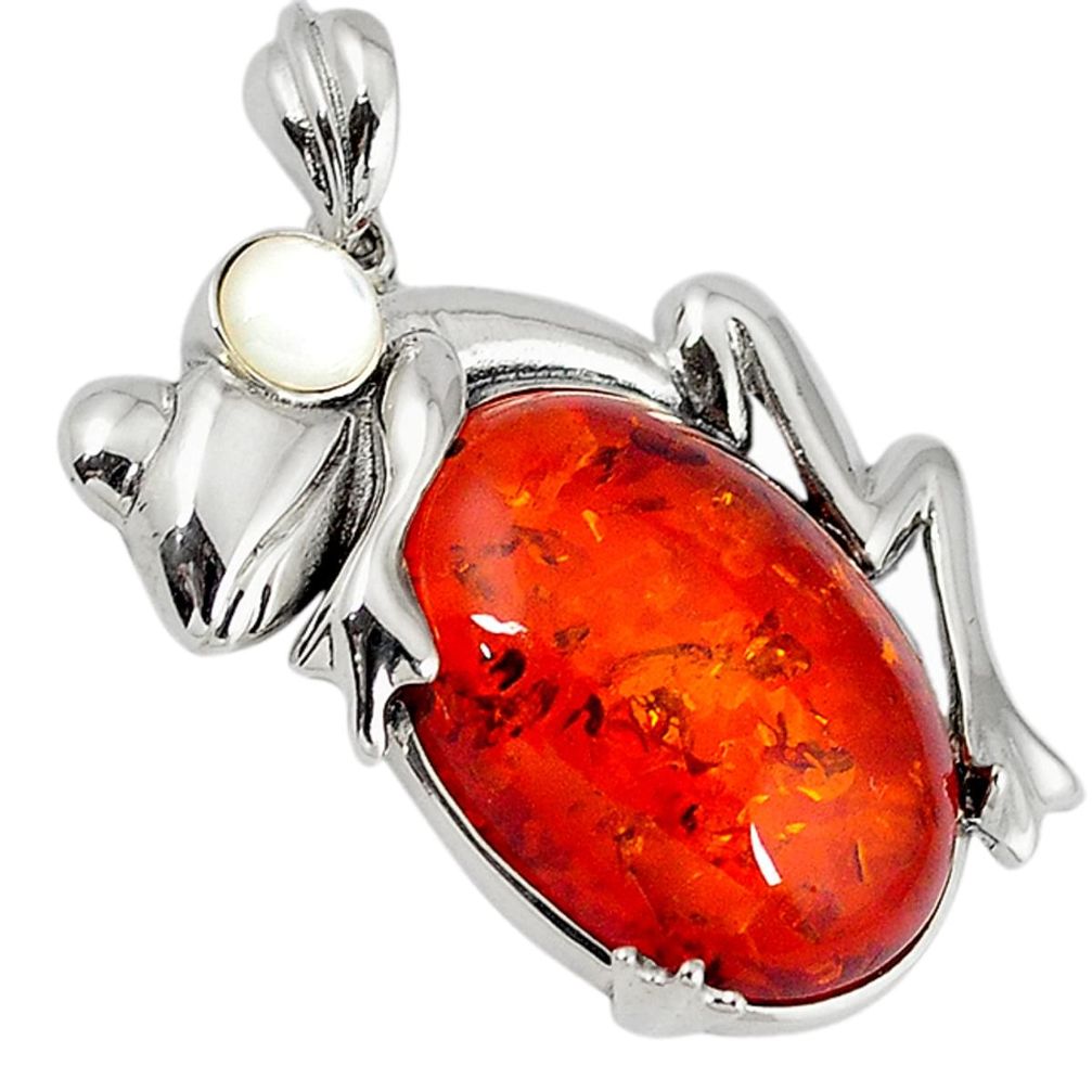 Orange amber oval white pearl 925 sterling silver frog pendant jewelry a33988