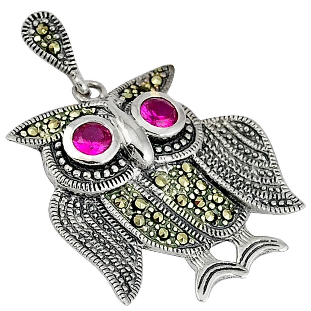 Red ruby quartz round marcasite 925 sterling silver owl pendant jewelry a34082