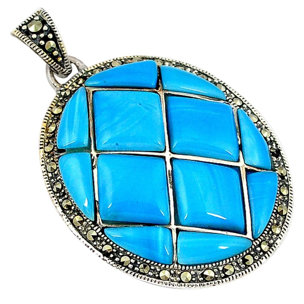 Blue sleeping beauty turquoise swiss marcasite 925 silver pendant a34266