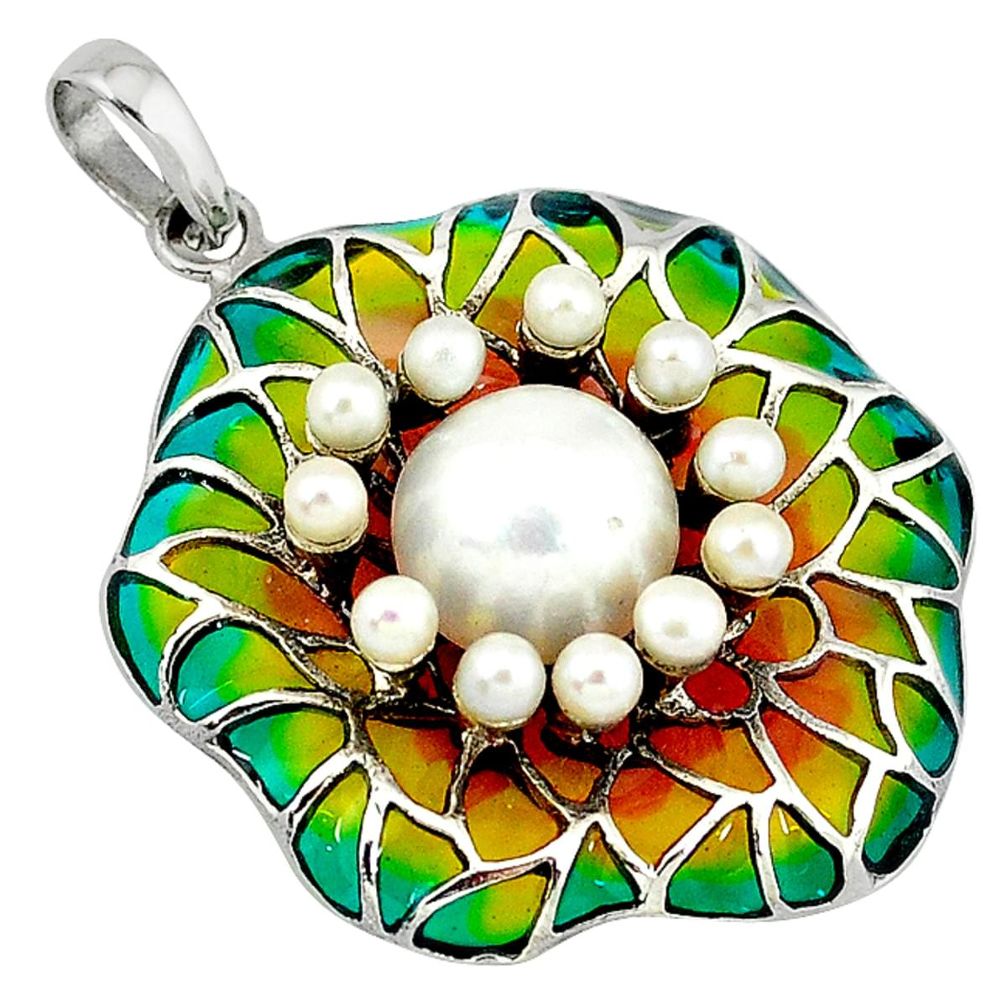 Art nouveau white pearl enamel 925 sterling silver pendant jewelry a35551