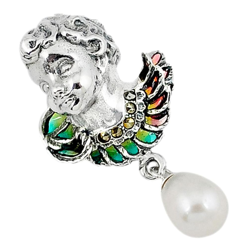 925 sterling silver art nouveau white pearl marcasite enamel pendant a35556
