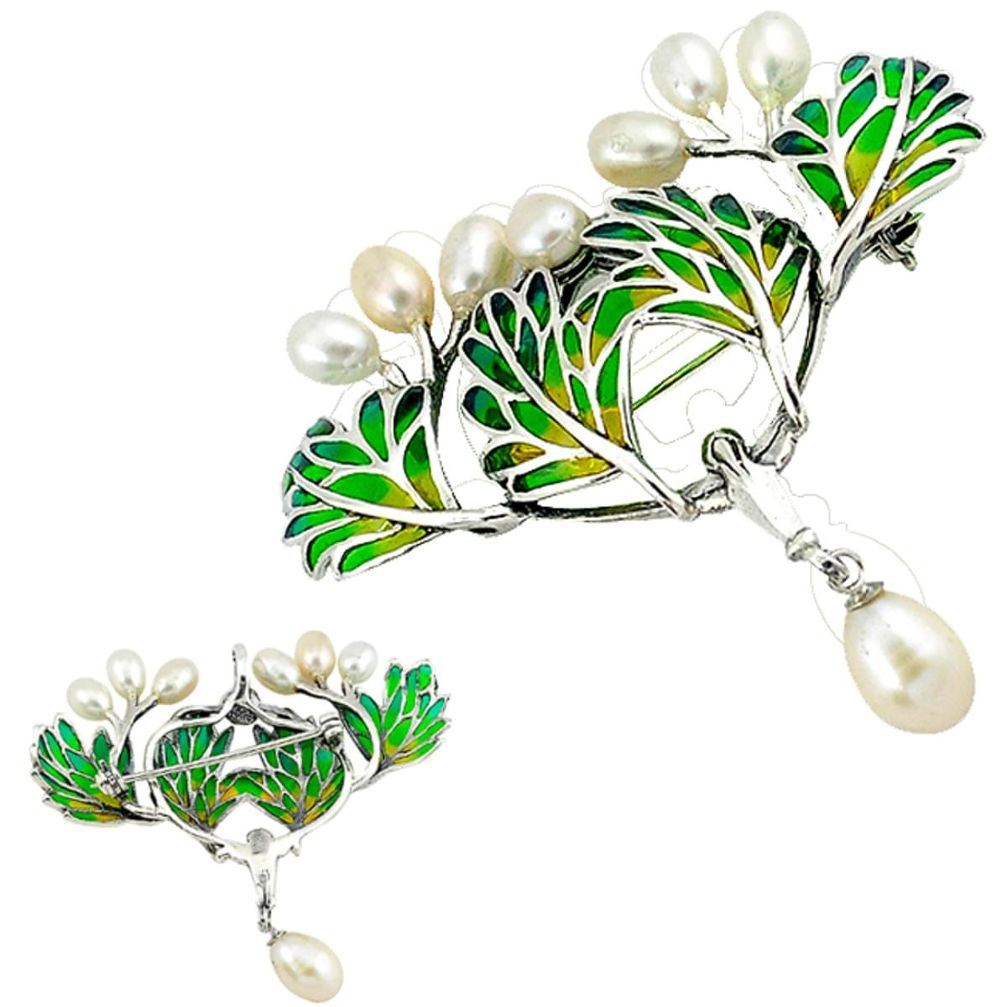 Art nouveau natural white pearl enamel 925 sterling silver brooch pendant a35992