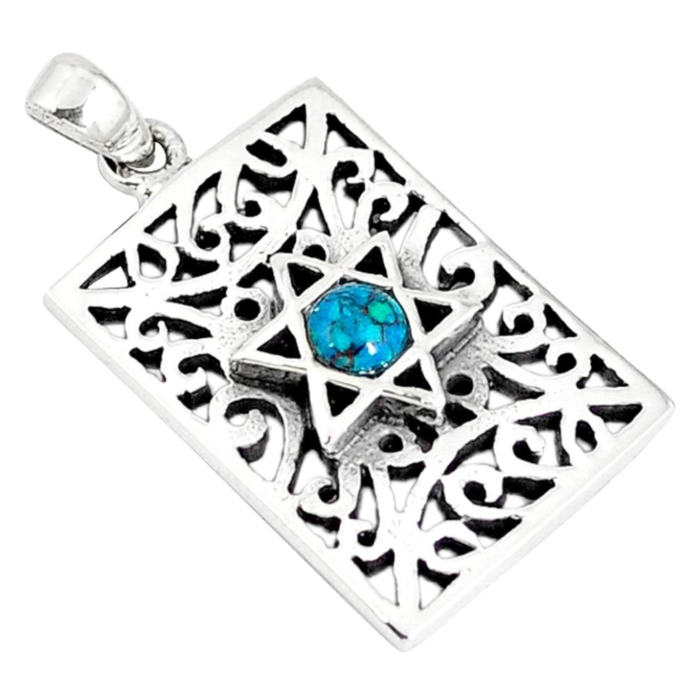 Natural green turquoise tibetan 925 silver star of david pendant a41452