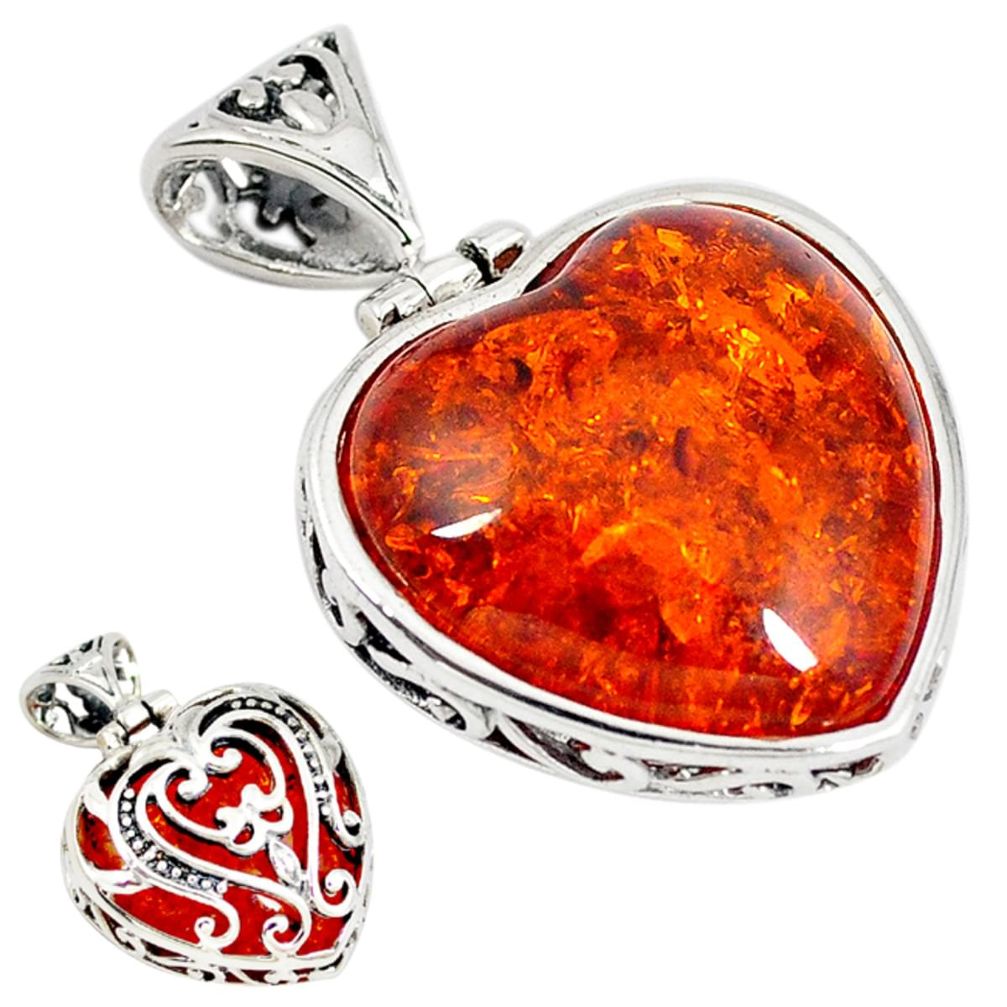 Orange amber heart shape 925 sterling silver pendant jewelry a42076