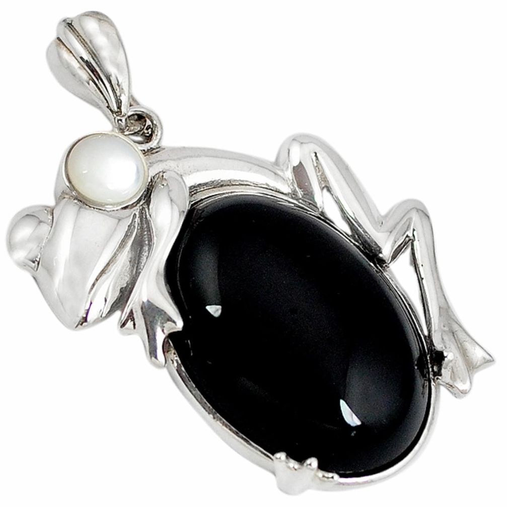 925 sterling silver natural black onyx oval white pearl frog pendant a42138