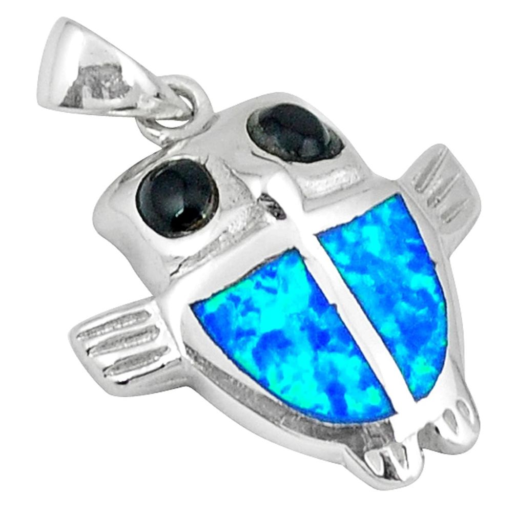 Blue australian opal (lab) onyx enamel 925 silver owl pendant a42691