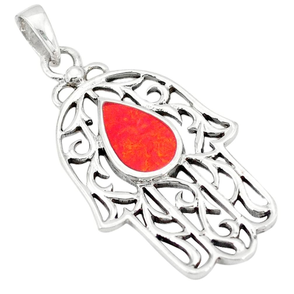 Red coral enamel 925 sterling silver hand of god hamsa pendant a50167