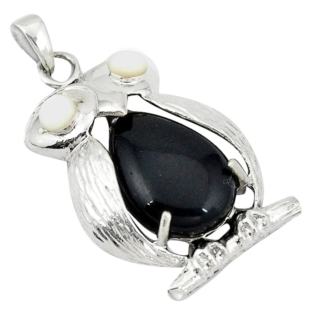 Natural black onyx pearl 925 sterling silver owl pendant jewelry a50204