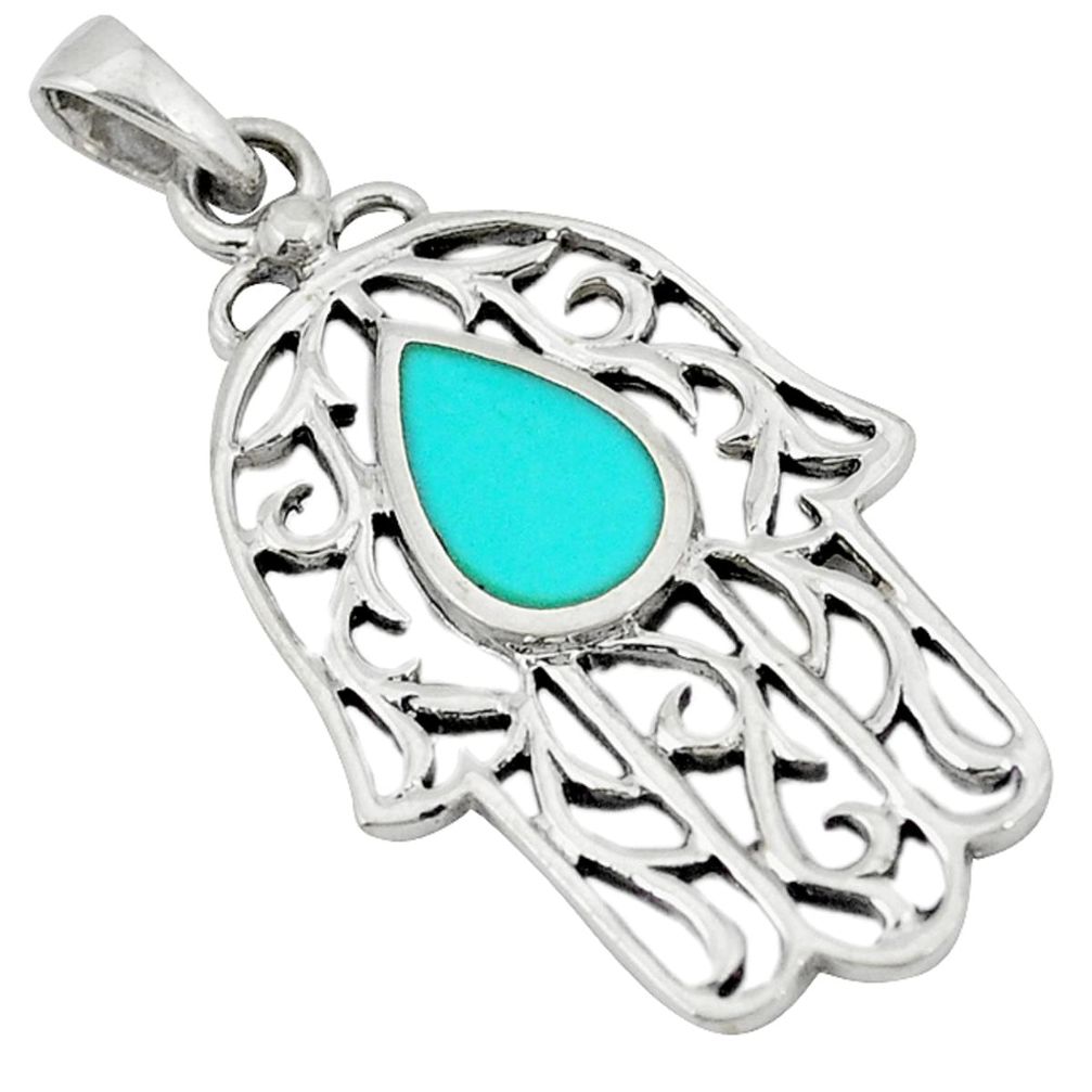 Fine green turquoise enamel 925 silver hand of god hamsa pendant a50209