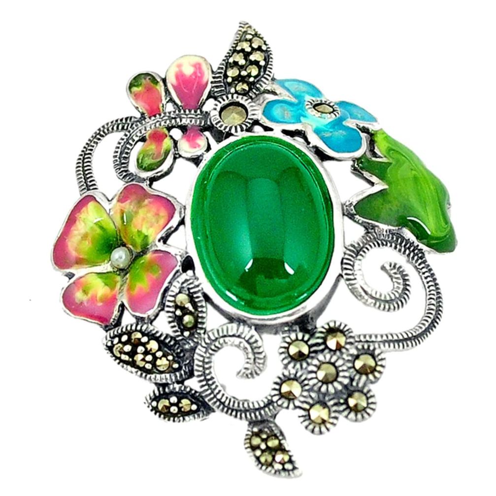 Natural green chalcedony marcasite enamel 925 silver flower pendant a51412