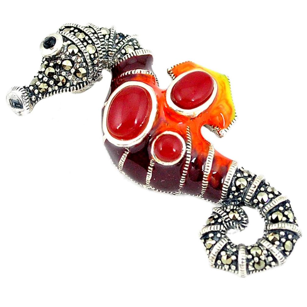 Natural honey onyx marcasite enamel 925 silver seahorse pendant a51466