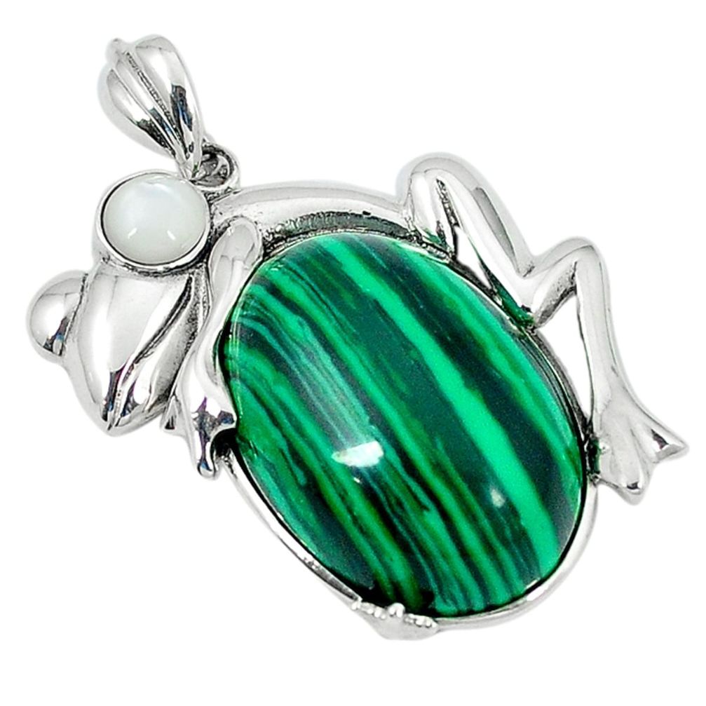 Natural green malachite (pilot's stone) pearl 925 silver frog pendant a51883