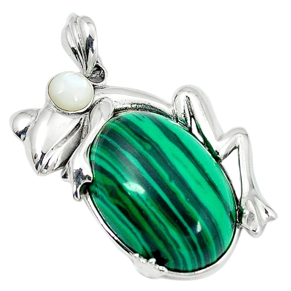 925 silver natural green malachite (pilot's stone) pearl frog pendant a51884