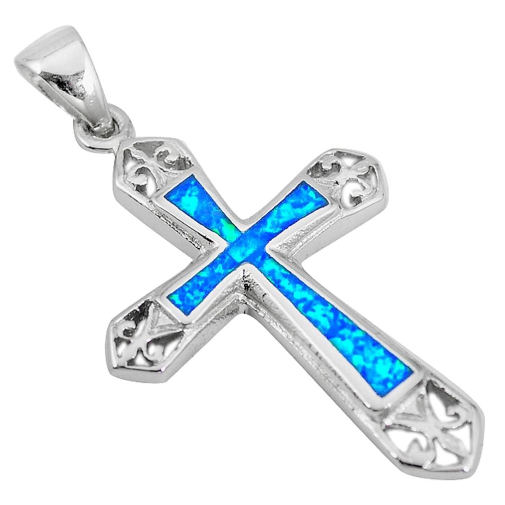 Blue australian opal (lab) enamel 925 silver holy cross pendant a52469