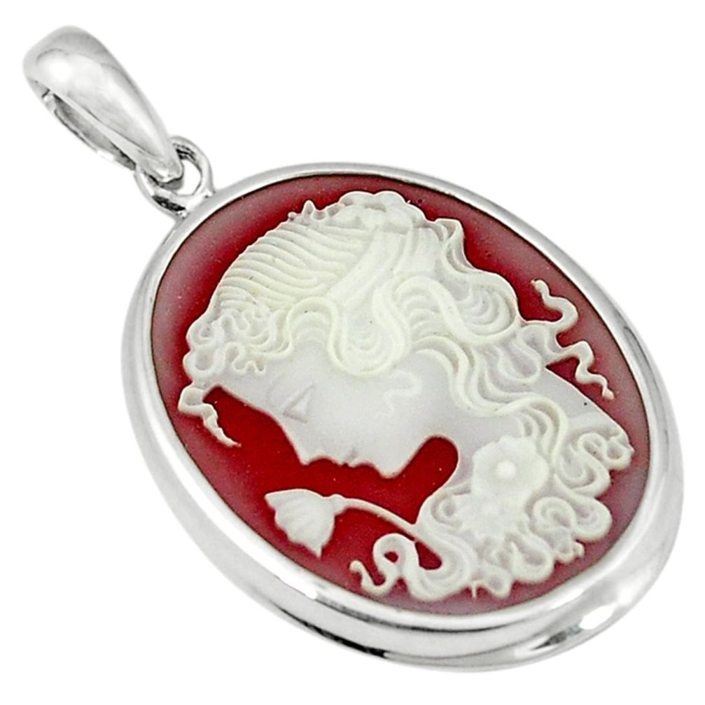 White lady flower cameo 925 sterling silver pendant jewelry a55268