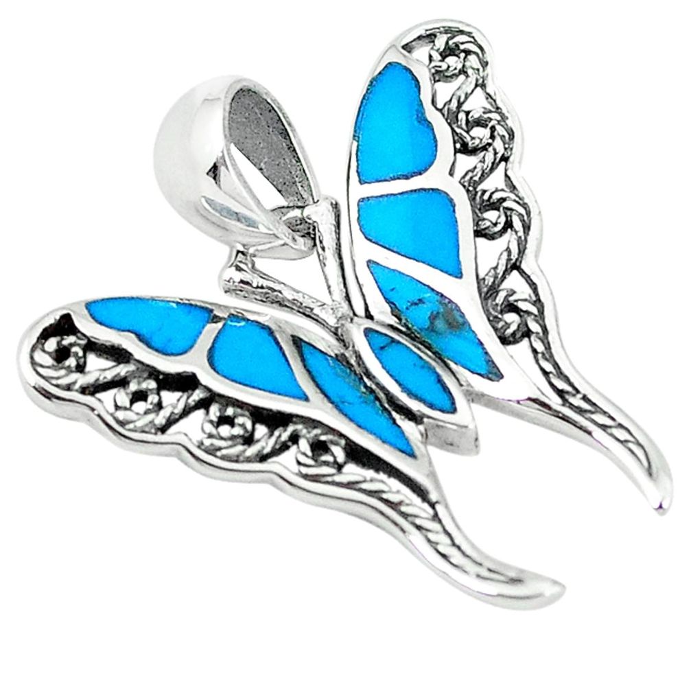 925 sterling silver fine blue turquoise enamel butterfly pendant jewelry a55460