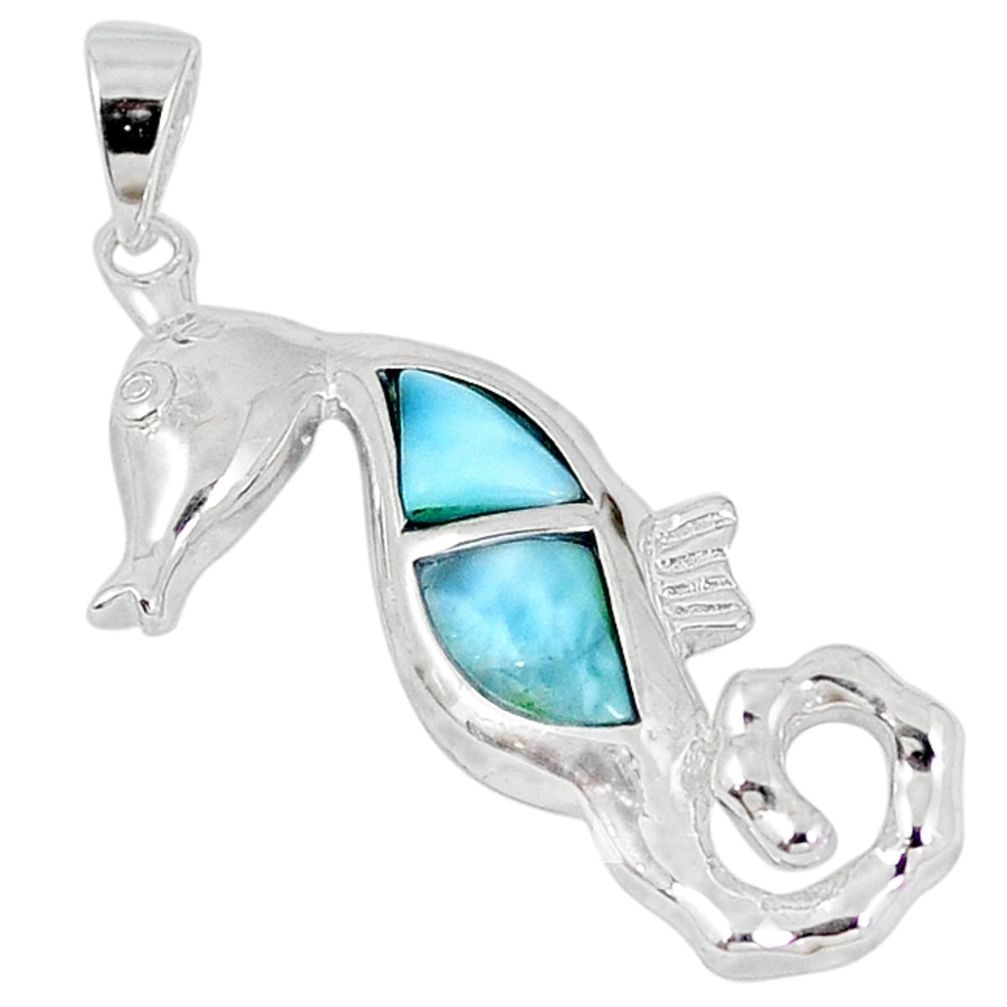 Natural blue larimar topaz 925 sterling silver seahorse pendant jewelry a57017