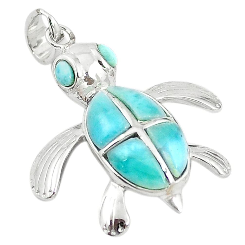 Natural blue larimar 925 sterling silver turtle pendant jewelry a68917