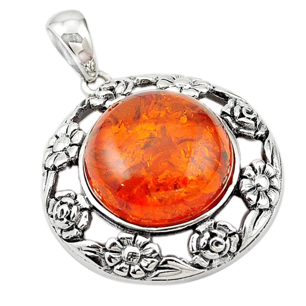 Orange amber round 925 sterling silver pendant jewelry a70536