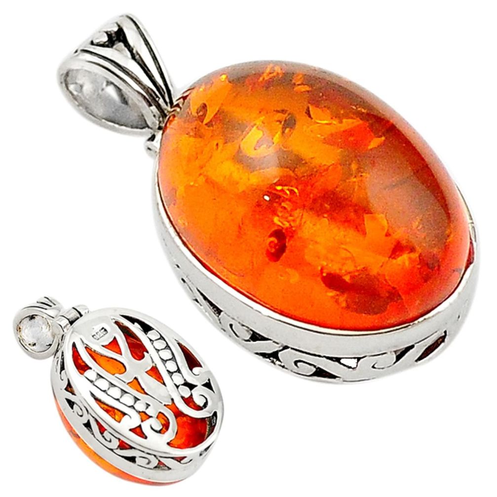 Orange amber oval shape 925 sterling silver pendant jewelry a70558